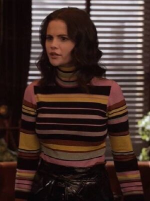 Selena Gomez Season Outfit Striped Turtleneck Top