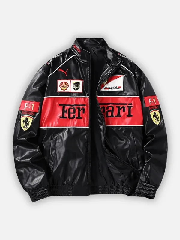 Ferrari F1 Vintage Black Leather Jacket