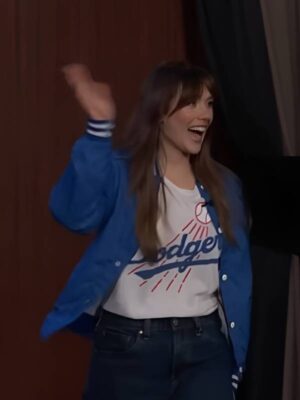 Jimmy Kimmel Live Elizabeth Olsen White Dodgers Shirt