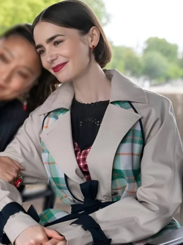 Emily In Paris S05 Lily Collins Green Plaid Panel Trench Coat