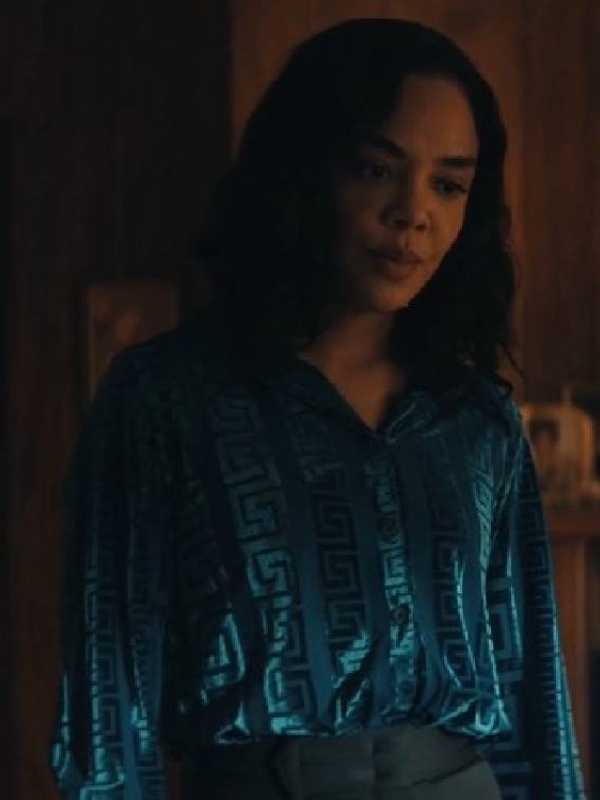 _His and Hers Season01 Tessa Thompson Blue Silk Blouse