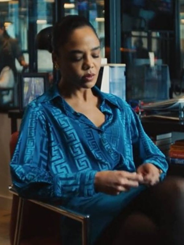 Tessa Thompson His and Hers Season01 Blue Silk Blouse