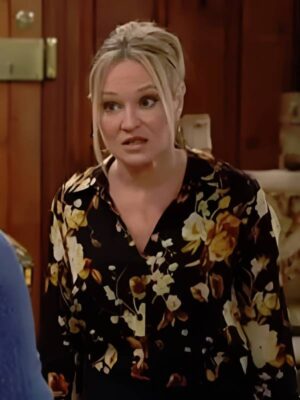 The Young and the Restless Sharon Newman Black and Yellow Paisley Satin Wrap Top