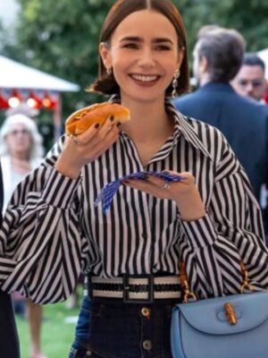S05 Emily In Paris Lily Collins Striped Puff Sleeve Shirt