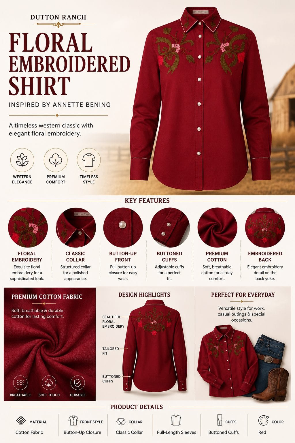 Dutton Ranch S01 Annette Bening Red Floral Embroidered Shirt