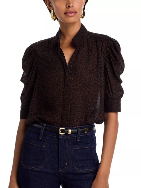 Front View of Beth Dutton Leopard Puff Sleeves Top