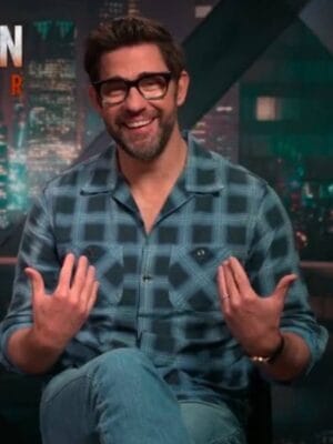 Press Junket John Krasinski Blue Plaid Shirt