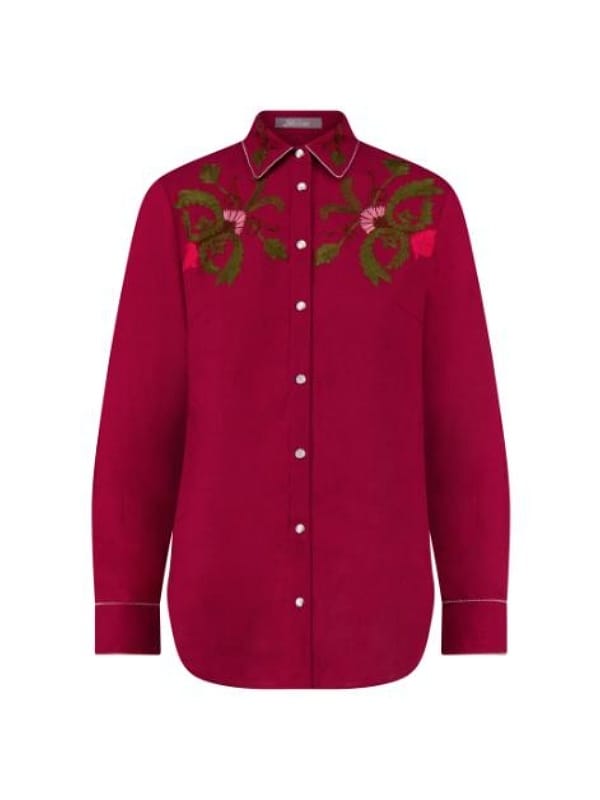 S01 Dutton Ranch Annette Bening Red Floral Embroidered Shirt