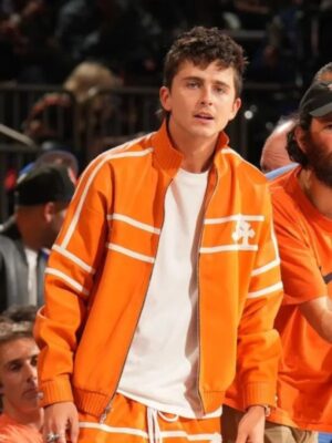 Timothée Chalamet NBA Finals Game 3 Orange Tracksuit