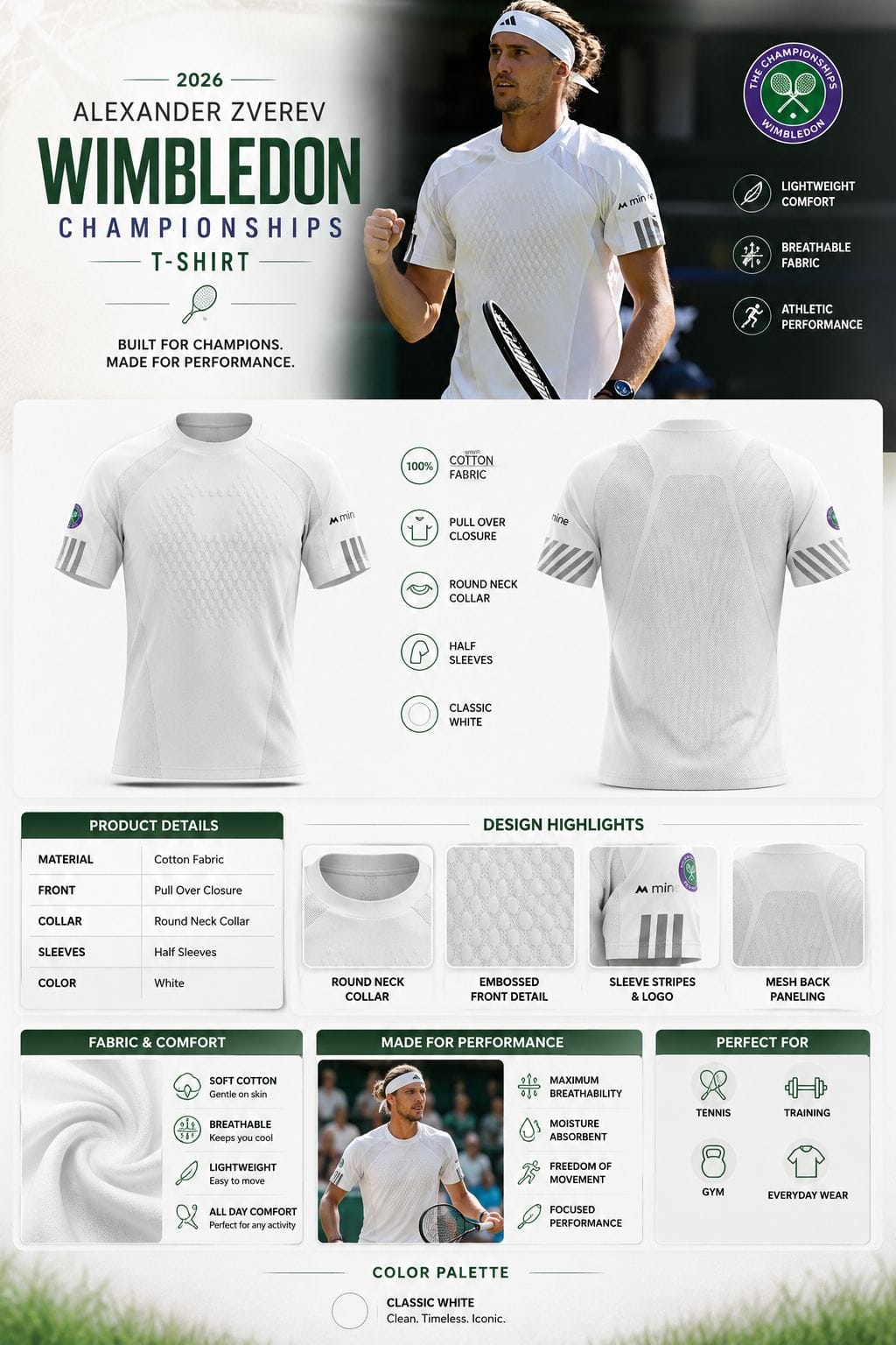 2026 Alexander Zverev Wimbledon Championships T-Shirt White