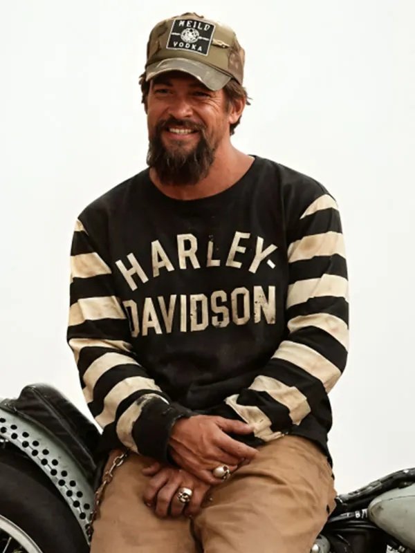 On the Roam Jason Momoa Striped Sleeve Sweatshirt For Sale