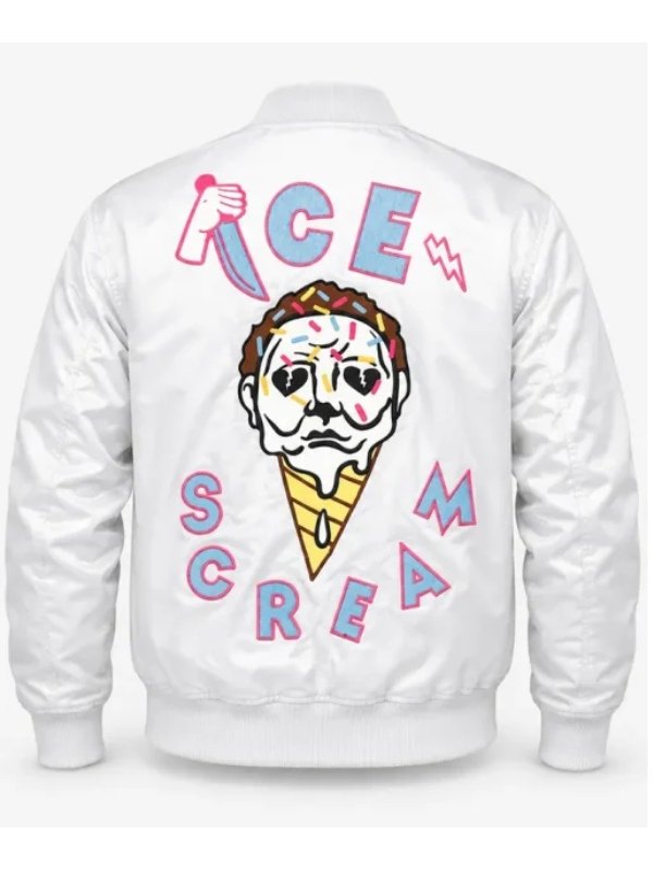 Michael Myers Ice Scream Cone Graphics White Satin Bomber Jacket